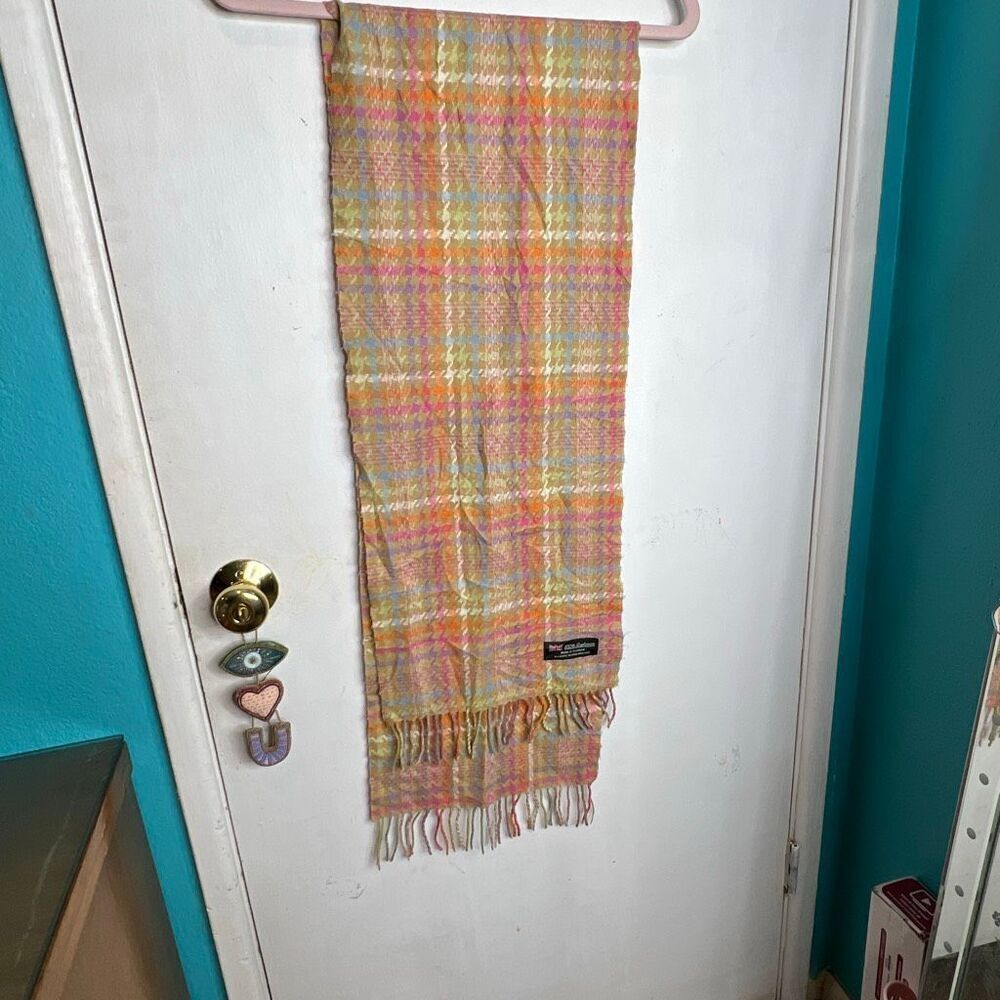 100% Cashmere Scarf Multi Colored Plaid Print Made In Scotland Fringe Trim Soft